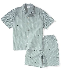 Lacoste Striped Crocodile Printed Poplin Shirt & 8#double; Inseam Shorts Pajama Set
