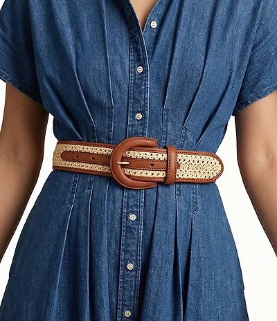 Lauren Ralph Lauren 1.5#double; Crescent-Buckle Straw-Leather Wide Belt