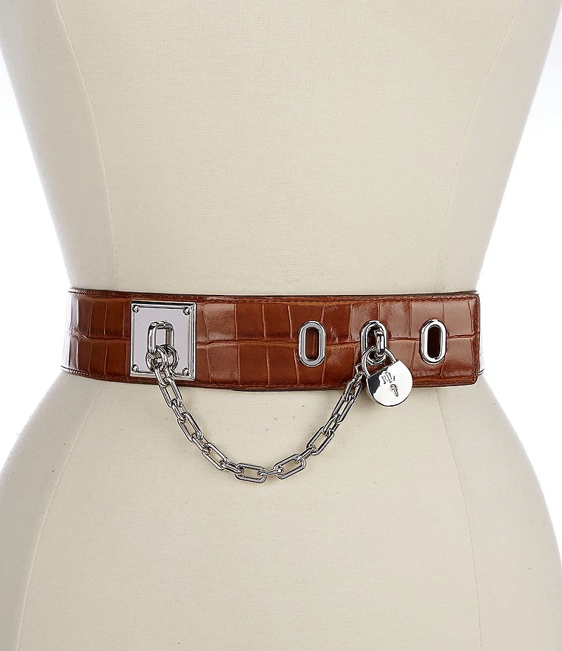 Lauren Ralph Lauren 1.75#double; Crocodile Embossed Chain Padlock Wide Leather Belt