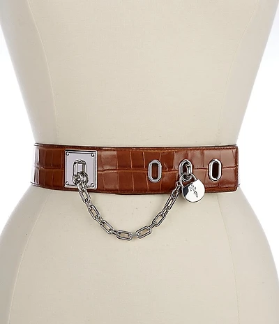 Lauren Ralph Lauren 1.75#double; Croc-Embossed Chain Padlock Wide Leather Belt
