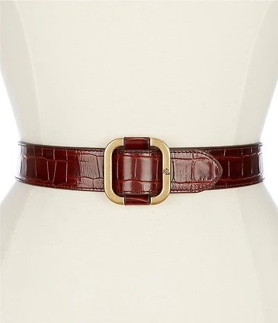 Lauren Ralph Lauren 1.75#double; Glossy Crocodile Embossed Leather Slide Buckle Belt