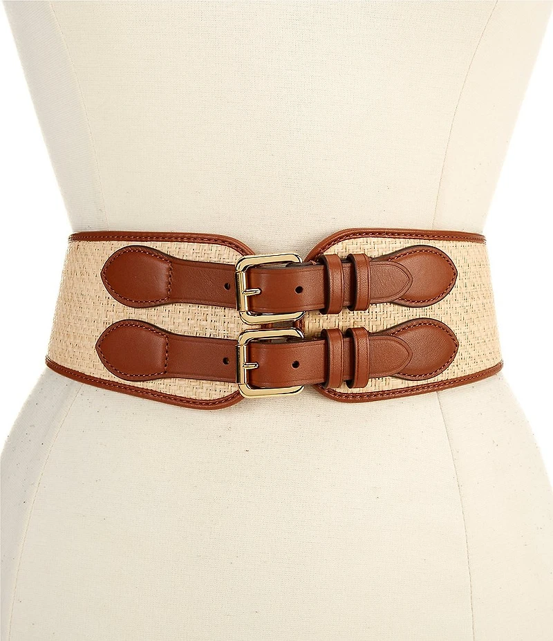 Lauren Ralph Lauren 3#double; Equestrian Raffia Leather Double-Buckle Wide Belt