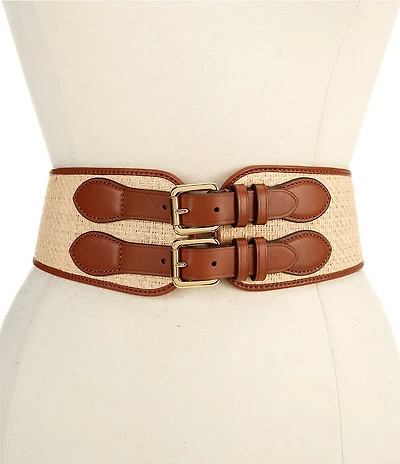 Lauren Ralph Lauren 3#double; Equestrian Raffia Leather Double-Buckle Wide Belt
