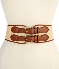 Lauren Ralph Lauren 3#double; Equestrian Raffia Leather Double-Buckle Wide Belt