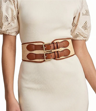 Lauren Ralph Lauren 3#double; Equestrian Raffia Leather Double-Buckle Wide Belt