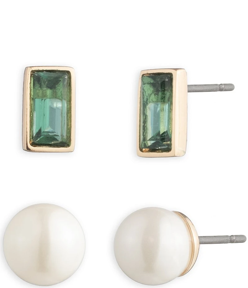 Lauren Ralph Lauren Gold Tone Erinite Pearl Baguette Duo Stud Earring Set