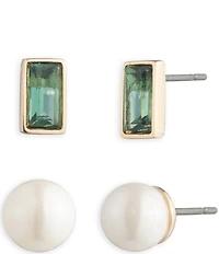 Lauren Ralph Lauren Gold Tone Erinite Pearl Baguette Duo Stud Earring Set