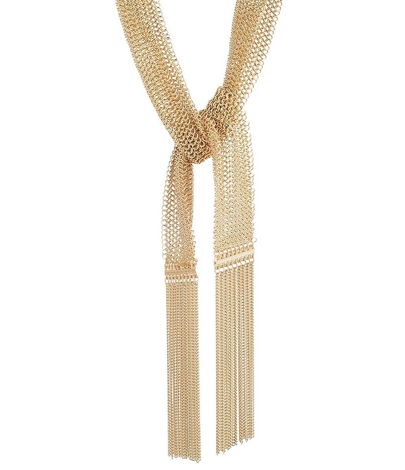 Lauren Ralph Lauren Gold Tone Fringe Mesh Scarf Statement Y Necklace