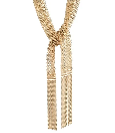 Lauren Ralph Lauren Gold Tone Fringe Mesh Scarf Statement Y Necklace