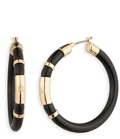 Lauren Ralph Lauren Gold Tone Jet Logo Large Hoop Earrings
