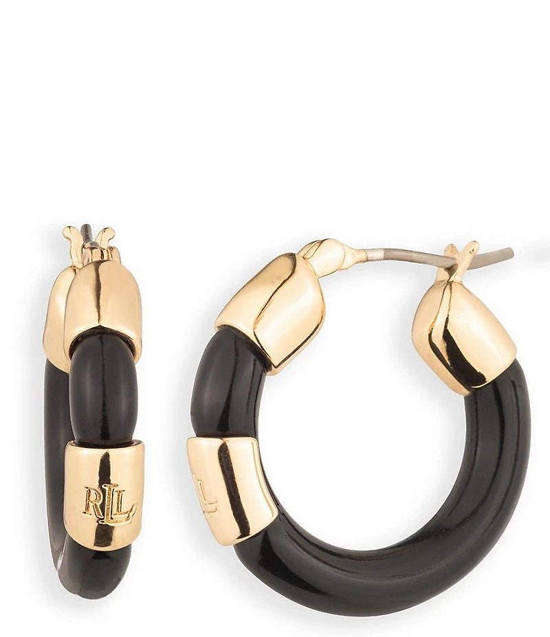 Lauren Ralph Lauren Gold Tone Jet Logo Medium Hoop Earrings