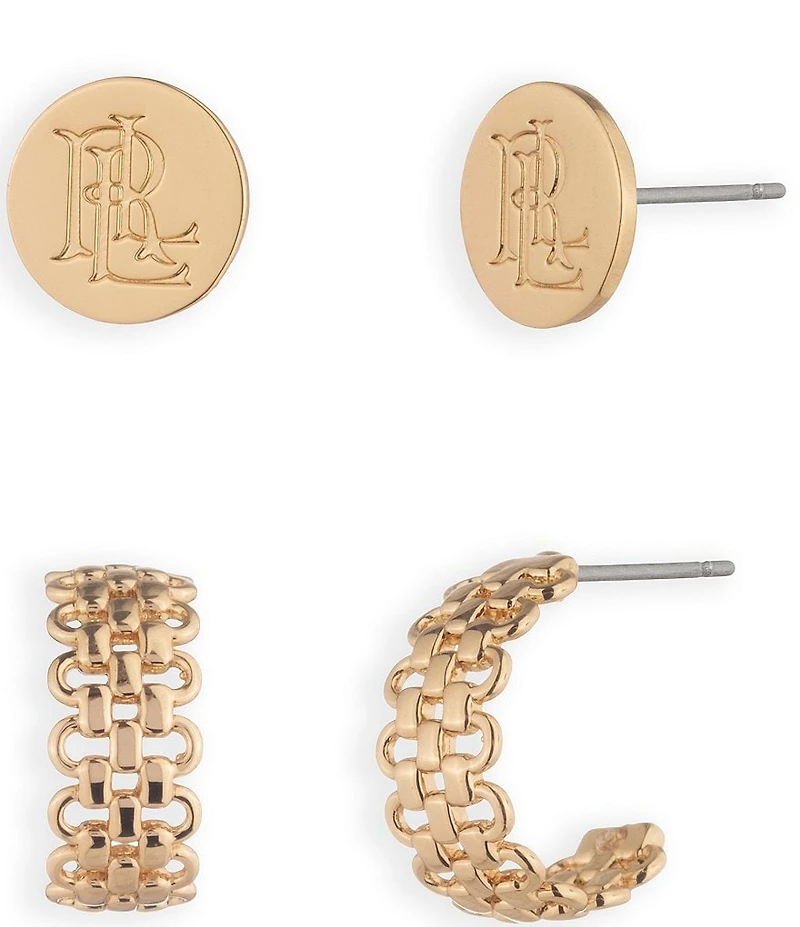 Lauren Ralph Lauren Gold Tone Logo Chain Duo Earring Set