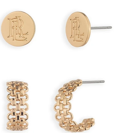 Lauren Ralph Lauren Gold Tone Logo Chain Duo Earring Set