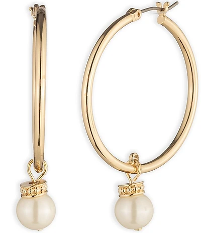 Lauren Ralph Lauren Gold Tone Pearl Drop Hoop Earrings