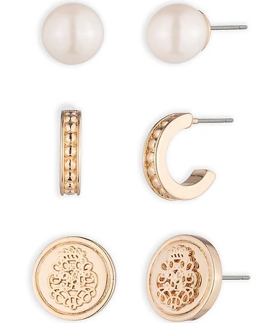 Lauren Ralph Lauren Gold Tone Pearl Coin Trio Earring Set