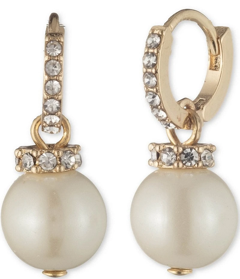 Lauren Ralph Lauren Gold Tone Pearl Crystal Pave Huggie Hoop Drop Earrings