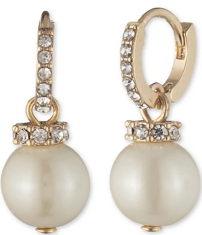 Lauren Ralph Lauren Gold Tone Pearl Crystal Pave Huggie Hoop Drop Earrings