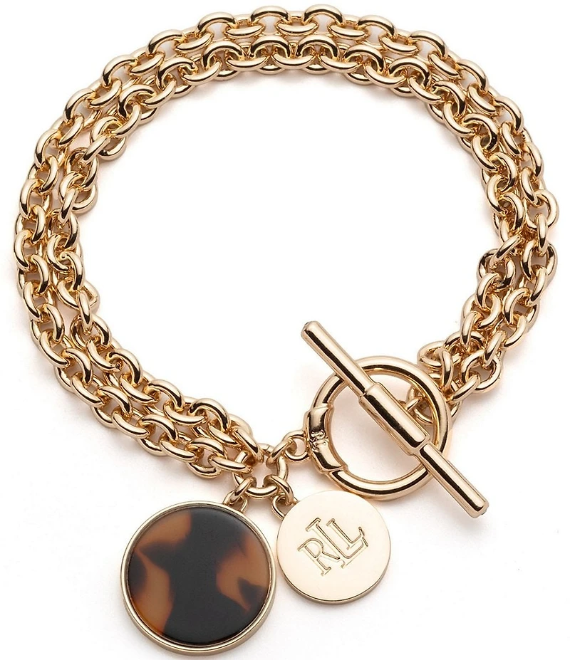 Lauren Ralph Lauren Gold Tone Tortoise Logo Flex Layered Chain Line Bracelet