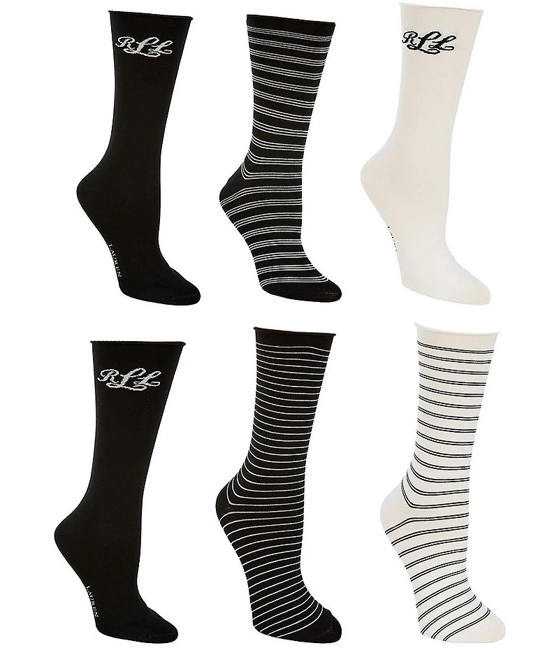 Lauren Ralph Lauren LRL Logo Script Striped Crew Socks, 6 Pair Pack