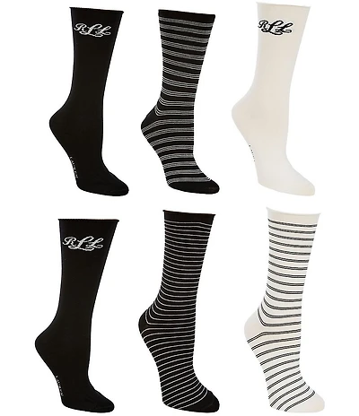 Lauren Ralph Lauren LRL Logo Script Striped Crew Socks, 6 Pair Pack