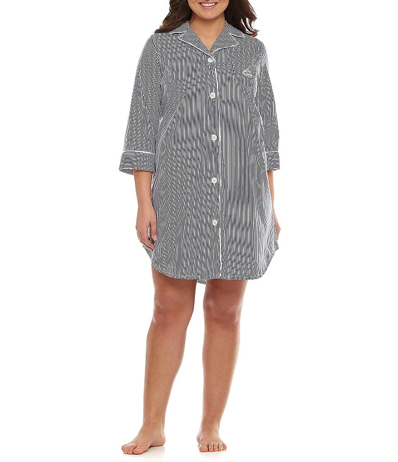 Lauren Ralph Lauren Plus Size Classic Notch Collar 3/4 Sleeve Cotton Nightshirt