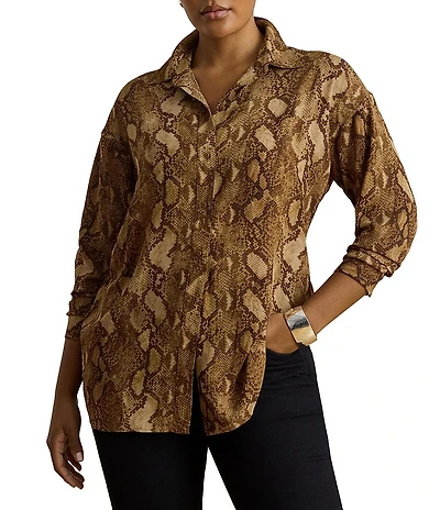 Lauren Ralph Lauren Plus Georgette Print Point Collar Long Sleeve Shirt Dress