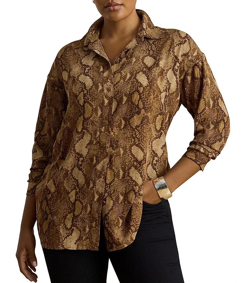 Lauren Ralph Lauren Plus Size Woven Georgette Print Point Collar Long Sleeve Shirt