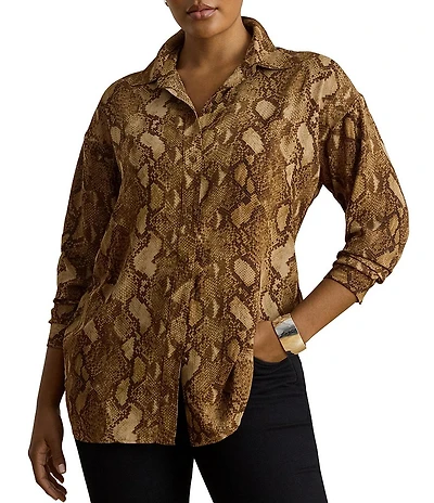 Lauren Ralph Lauren Plus Size Woven Georgette Print Point Collar Long Sleeve Shirt