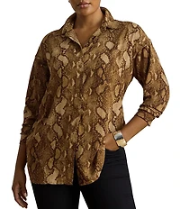 Lauren Ralph Lauren Plus Size Woven Georgette Print Point Collar Long Sleeve Shirt