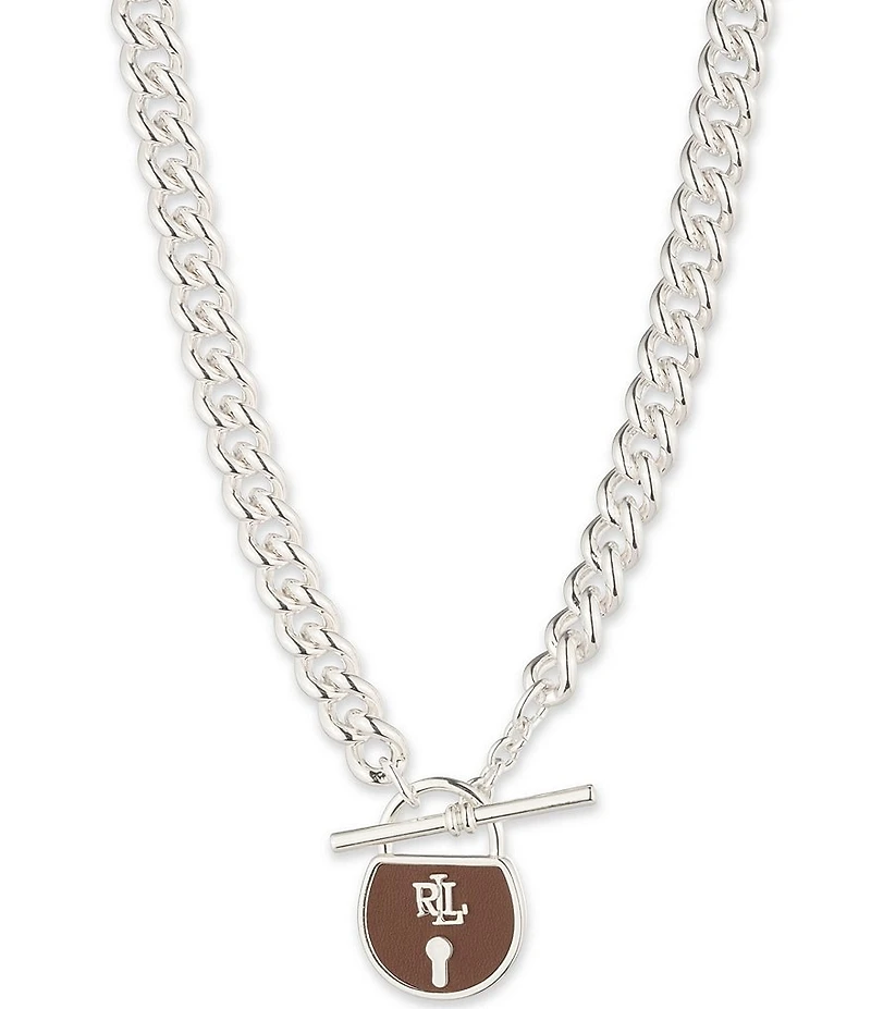Lauren Ralph Lauren Silver Tone Leather Lock Short Pendant Necklace