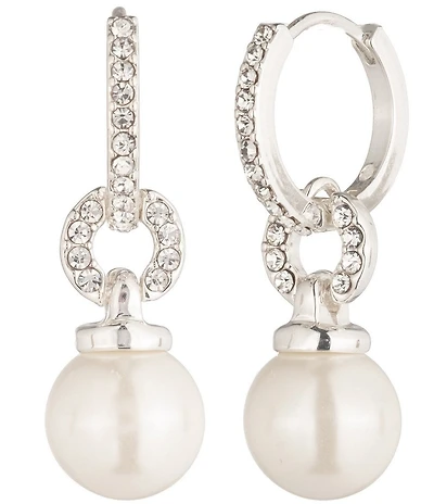 Lauren Ralph Lauren Silver Tone Pearl Huggie Drop Earrings
