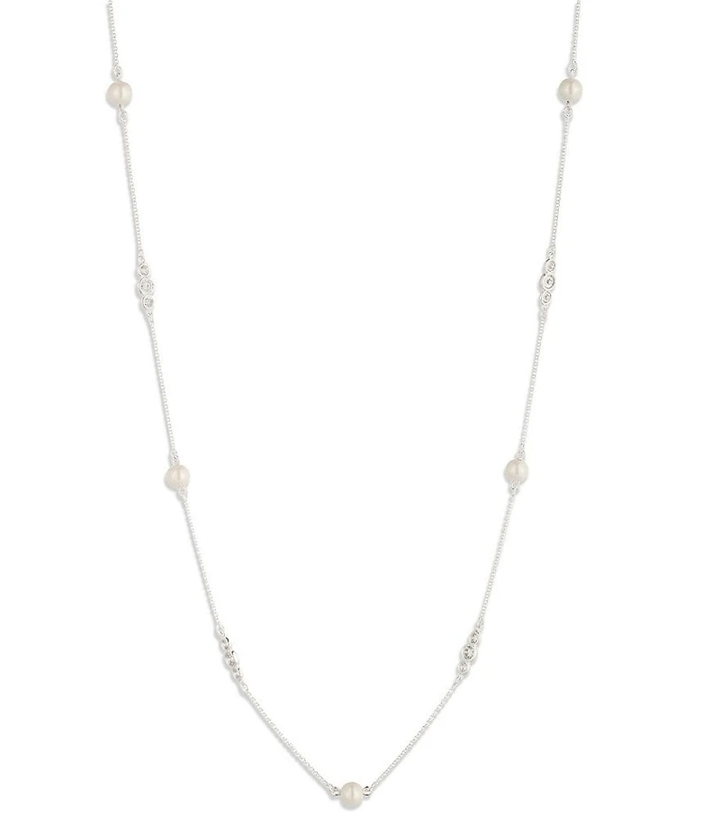 Lauren Ralph Lauren Silver Tone Station CZ Long Strand Necklace