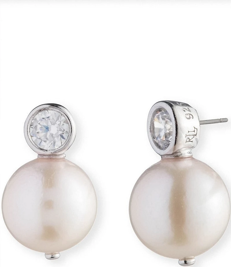 Lauren Ralph Lauren Sterling Silver Cubic Zirconia Freshwater Pearl Stud Earrings