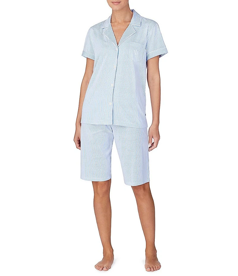Lauren Ralph Lauren Stripe Print Short Sleeve Notch Collar Cotton Knit Bermuda Pajama Set