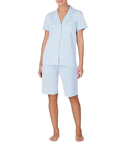 Lauren Ralph Lauren Stripe Print Short Sleeve Notch Collar Cotton Knit Bermuda Pajama Set