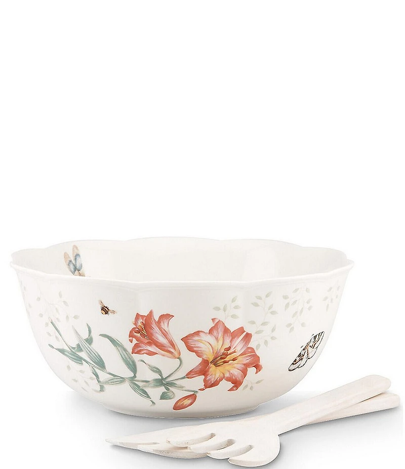 Lenox Butterfly Meadow Salad Bowl with Wood Servers