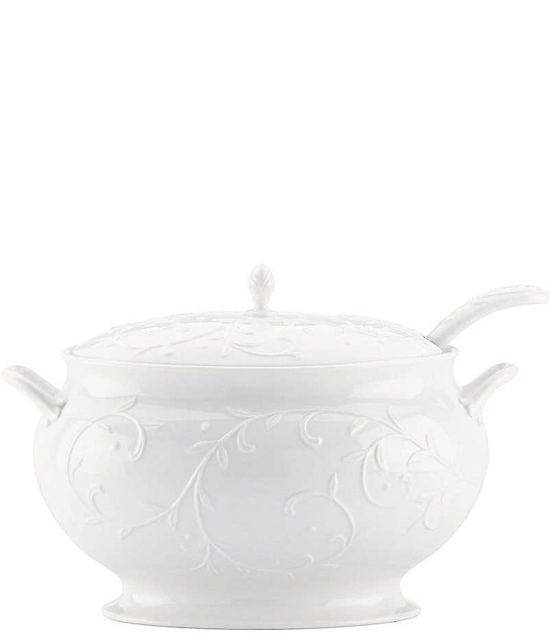 Lenox Opal Innocence Carved Scroll Porcelain Soup Tureen with Ladle