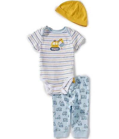 Little Me Baby Boy Short Sleeve Stripe Construction Bodysuit With Cap 3-Piece Set