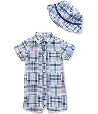 Little Me Baby Boys Cotton Short-Sleeve Button Up Point Collar Plaid Shortall & Hat Set