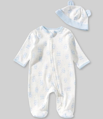 Little Me Baby Boys Cotton Happy Bear Print 2-Way Zip Footie & Hat Set