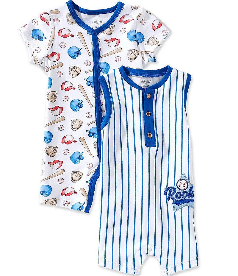 Little Me Baby Boys Cotton Short Sleeve Baseball Inspired Print Shortall & Sleeveless Striped #double;Rookie#double; Jon Jon Shortall 2-Pack