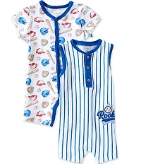 Little Me Baby Boys Cotton Short Sleeve Baseball Inspired Print Shortall & Sleeveless Striped #double;Rookie#double; Jon Jon Shortall 2-Pack