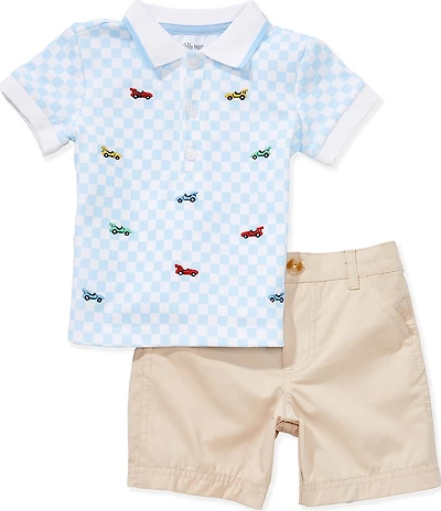 Little Me Baby Boys Cotton Short Sleeve Checked Embroidered Race Car Polo Shirt & Solid Shorts Set