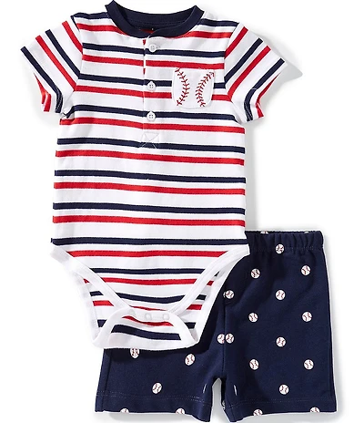 Little Me Baby Boys Cotton Short-Sleeve Striped Baseball Bodysuit & Baseball-Printed Shorts Set