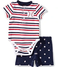 Little Me Baby Boys Cotton Short-Sleeve Striped Baseball Bodysuit & Baseball-Printed Shorts Set