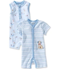 Little Me Baby Boys Cotton Short Sleeve Striped Puppy Applique Shortall & Sleeveless Dog Printed Jon Jon Shortall 2-Pack