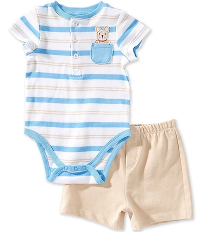 Little Me Baby Boys Cotton Short-Sleeve Striped Puppy-Appliqued Pocketed Bodysuit & Solid Shorts Set