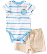 Little Me Baby Boys Cotton Short-Sleeve Striped Puppy-Appliqued Pocketed Bodysuit & Solid Shorts Set