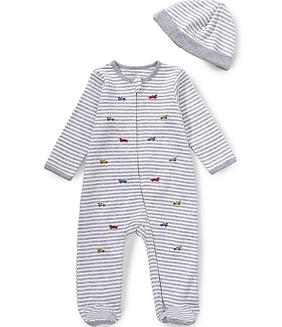 Little Me Baby Boys Long Sleeve Cotton Striped Race Car Embroidery Footed Coverall
