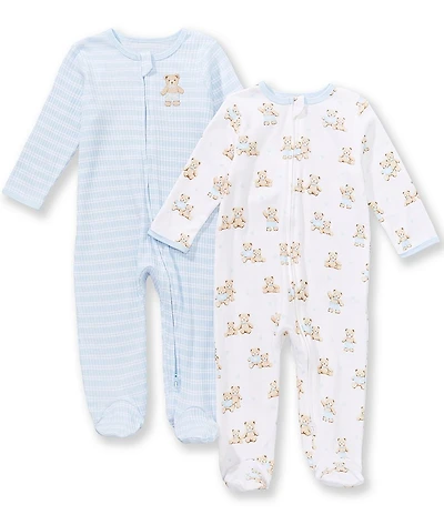 Little Me Baby Boys Long Sleeve Bear Print & Stripe Footies 2-Pack